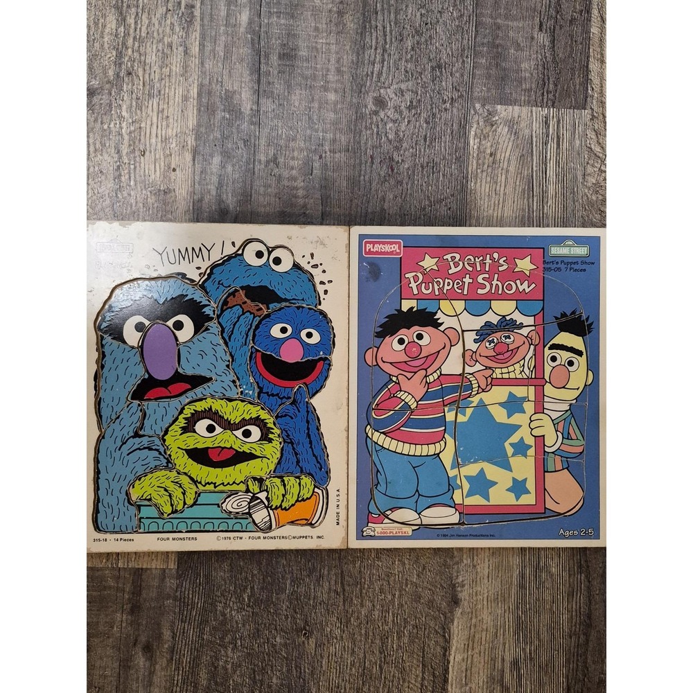 Vintage Playskool Wood Tray Puzzle Sesame Street Lot of 2- Monsters & Bert Ernie